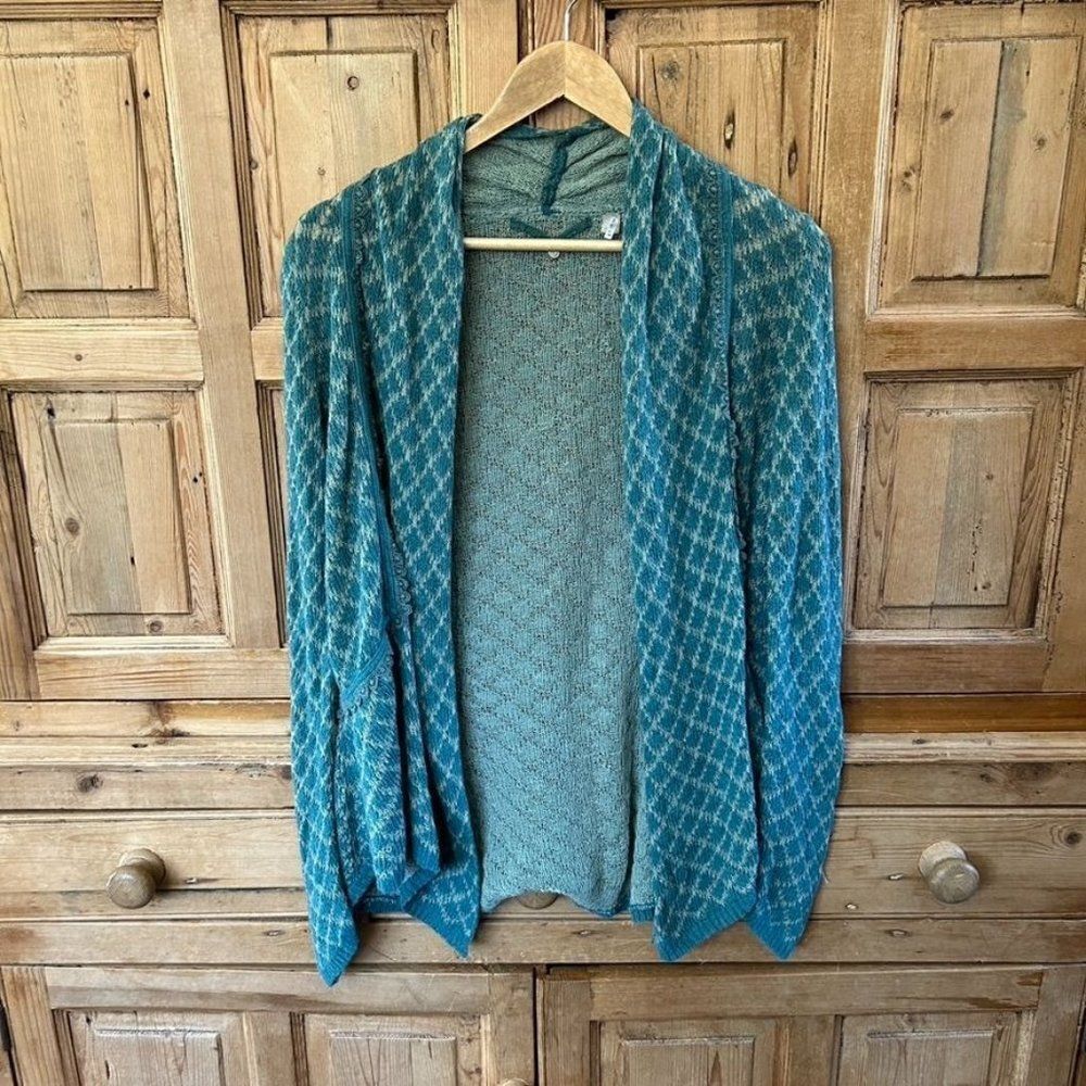 Knitted & Knotted Medium Knit Cardigan Sweater Blue Green Lace Trim‎ Anthro